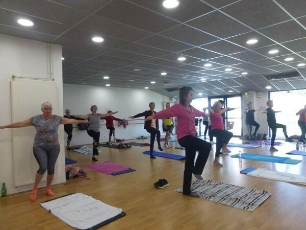 Adhérentes en posture d'équilibre sur une jambe, bras tendus
